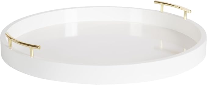 Kate And Laurel Lipton Modern Round Ottoman Tray; 22 Inch Diameter; White and Gold; Decorative Circle Coffee Table Tray for Living Room Decor or Large Serving Tray