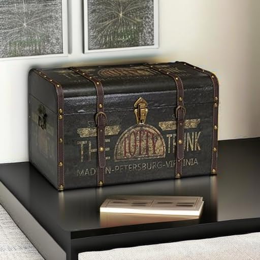 Household Essentials Large Decorative Storage Trunk with Vintage Decoupage, Leather and Metal Accents, Green and Black Finish