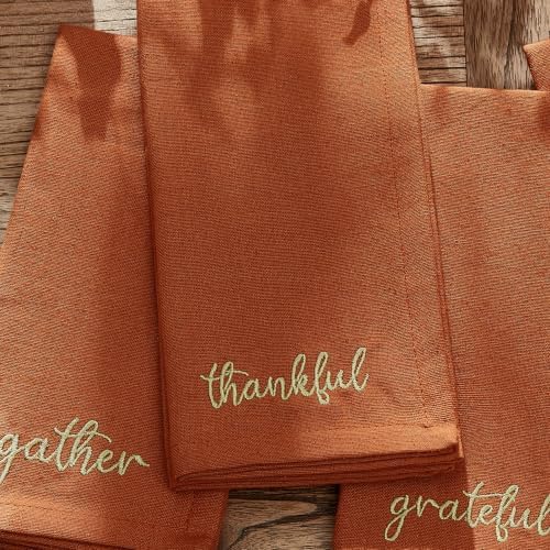Threadmade Harvest Sentiment Embroidered Napkins, Set of 4, Rust - 17" W x 17" L - Image 3