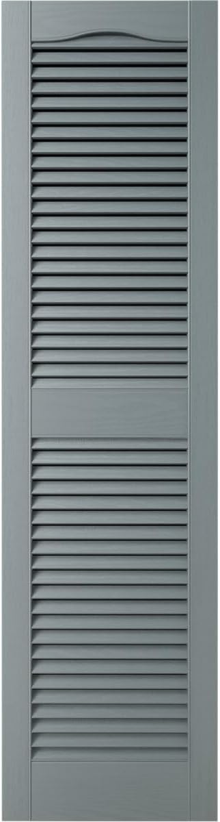 14 1/2"W x 43"H Lifetime Vinyl, Standard Cathedral Top Center Mullion, Open Louver Shutters, w/Installation Shutter-Lok's & Matching Screws (Per Pair), Storm Cloud