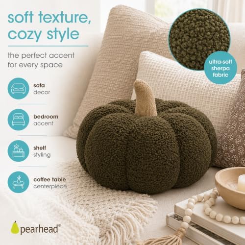 Pearhead Sherpa Pumpkin Pillow Decor, Modern Fall Home, 9", Olive Green - Image 5