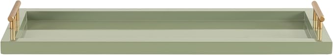 Kate and Laurel Halsey Rectangle Decorative Narrow Tray with Gold Metal Handles; 24 x 10; Green and Gold; Modern Glam Slim Serving Tray with Handles for Living Room Decor