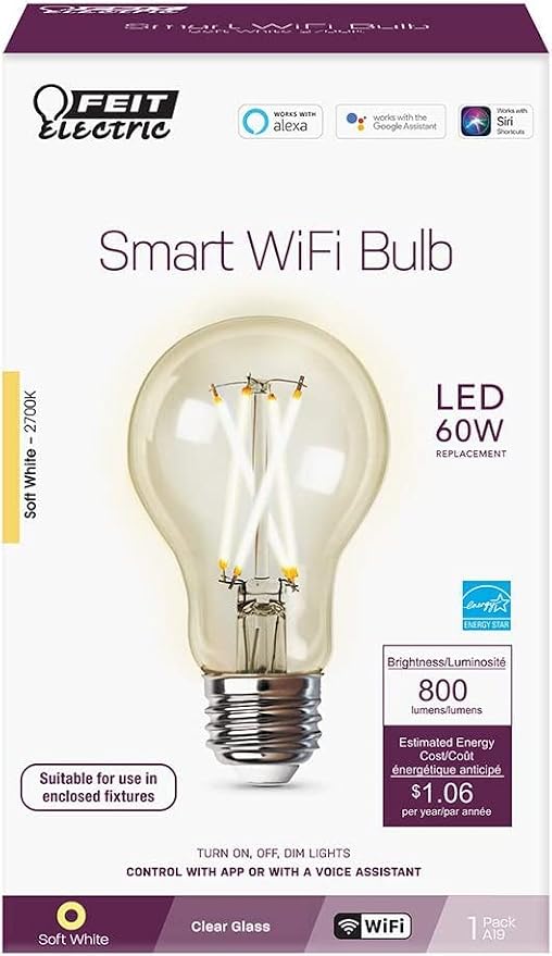 Feit Electric Smart Wi-Fi A19 Filament LED Light Bulb, 60W Equivalent, Soft White 2700K, E26 Base, Dimmable, Alexa & Google Home Compatible, App & Voice Control, No Hub Required, A1960CL/927CA/FIL/AG