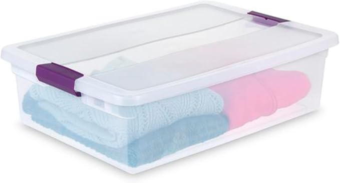 Sterilite 32 Qt ClearView Latch Storage Box, Stackable Bin with Latching Lid, Plastic Container to Organize Clothes Underbed, Clear Base, Lid, (Pack of 6)