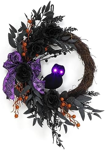 Takywep 22 Inch Halloween Wreaths for Front Door, Half Circle Prelit Owl Wreath with Lighted Eyes, Willow Leaves and Purple Bow for Porch Wall Window Fireplace Decor - Image 3