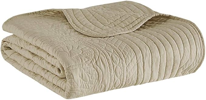 Madison Park Luxe Damask Stitching Throw Blanket, 60"x72" | Cotton Filled Spread, Ultra Soft, Cozy Bedding for Living Room Couch, Sofa, Bed, Scalloped Borders, Khaki