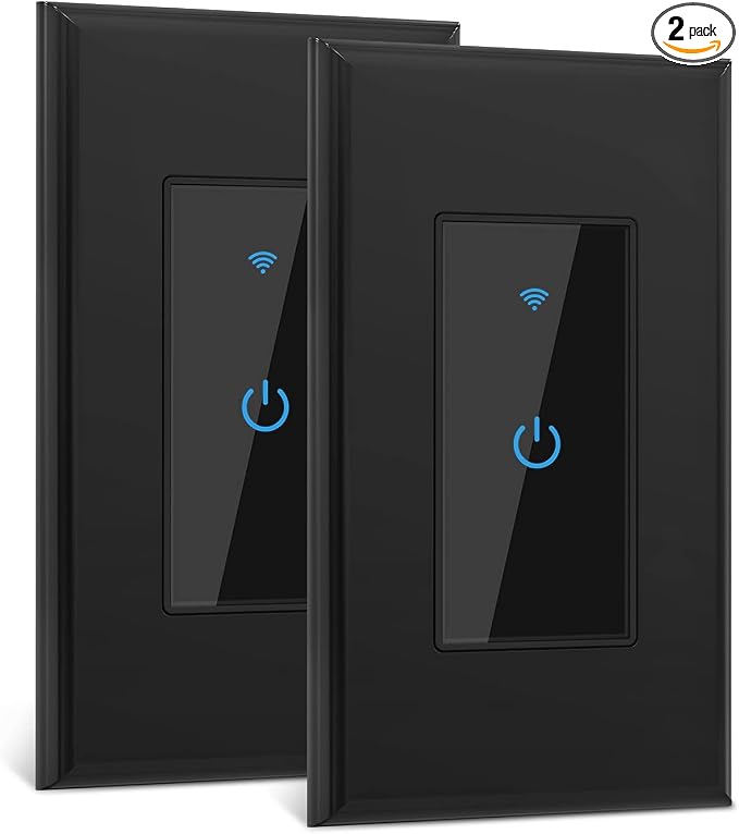 Lesim Smart Switch 2.4GHz WiFi Light Switch 2Pack Compatible with Alexa and Google Home, Single Pole, Needs Neutral Wire (Black), B602-2Gang