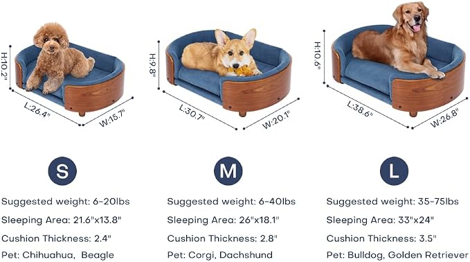 Scandinavian Style Elevated Dog Bed Pet Sofa with Solid Wood Legs and Bent Wood Back, Velvet Cushion, Large Size, Natural Frame & Light Grey Cushion
