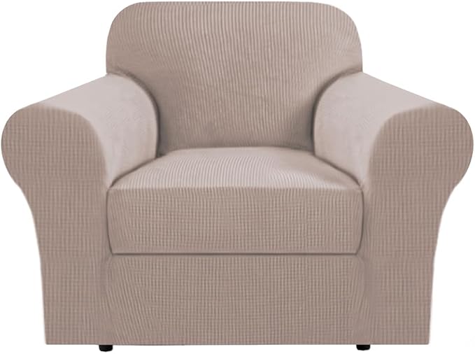 H.VERSAILTEX Small Armchair Cover 2 Piece Chair Covers for Living Room Furniture Cover Suit for T Cushion/Box Cushion, Spandex Jacquard Fabric Small Checks(Armchair-Standard, Sand)
