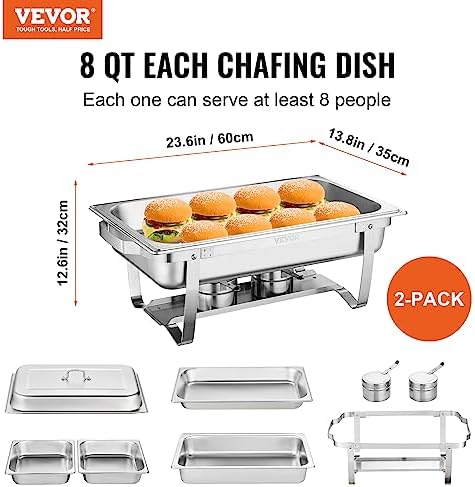 VEVOR Chafing Dish Buffet Set, 8 Qt 2 Pack, Stainless Steel Chafer with 2 Full Size Pans, Rectangle Catering Warmer Server with Glass Lid Water Pan Folding Stand Fuel Holder, for Wedding Party Banquet - Image 2
