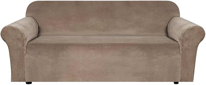 H.VERSAILTEX Stretch Velvet Sofa Covers for 3 Cushion Couch Covers Furniture Protector Soft with Non Slip Elastic Bottom, Crafted from Thick Comfy Rich Velour (Large Sofa 90"-97", Camel)