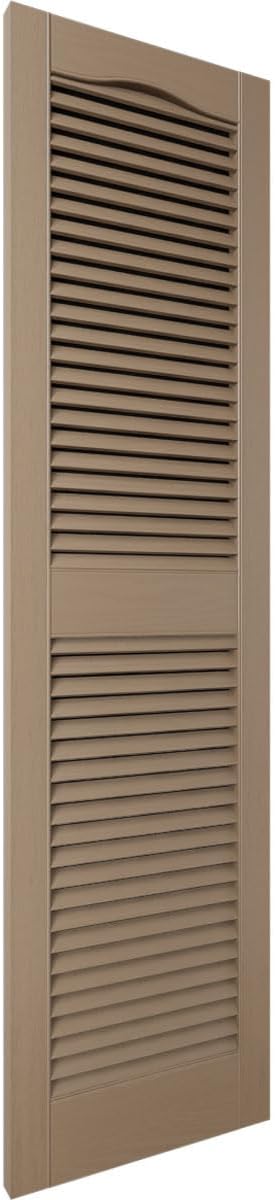 12"W x 67"H Lifetime Vinyl, Standard Cathedral Top Center Mullion, Open Louver Shutters, w/Installation Shutter-Lok's & Matching Screws (Per Pair), French Roast