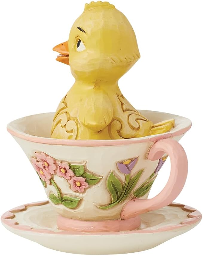 Enesco Jim Shore Heartwood Creek Easter Chick in a Teacup Miniature Figurine- Stone Resin Hand Crafted Collectible Mini Figurines Easter Home Decor Statue, 3.54 Inch