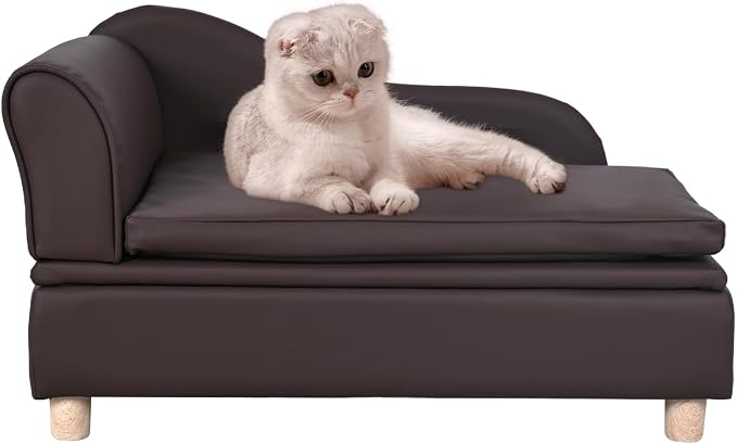 PU Leather Dog Sofa and Chair with Storage - Wooden Frame Cat Sofa Couch with Cushion,Small Pet Bed Sofa for Puppy and Cats (Brown)