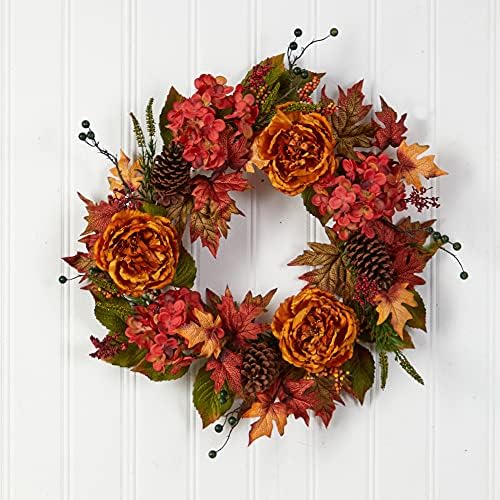 Nearly Natural 25 in Autumn Ranunculus, Hydrangea and Berries Fall Wreath - Image 3