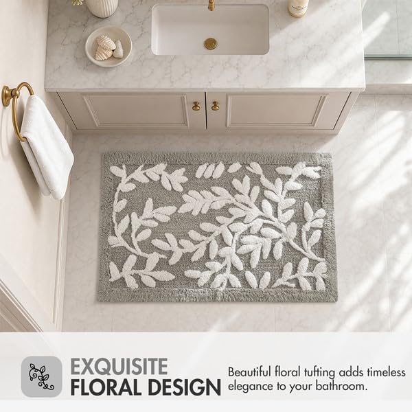 Madison Park Serene Tufted Bath Rug Cotton Absorbent, 21 x 34, Grey | Quick Dry, Soft Pile, Machine Washable, Floral Pattern, Plush, OEKO-TEX Certified