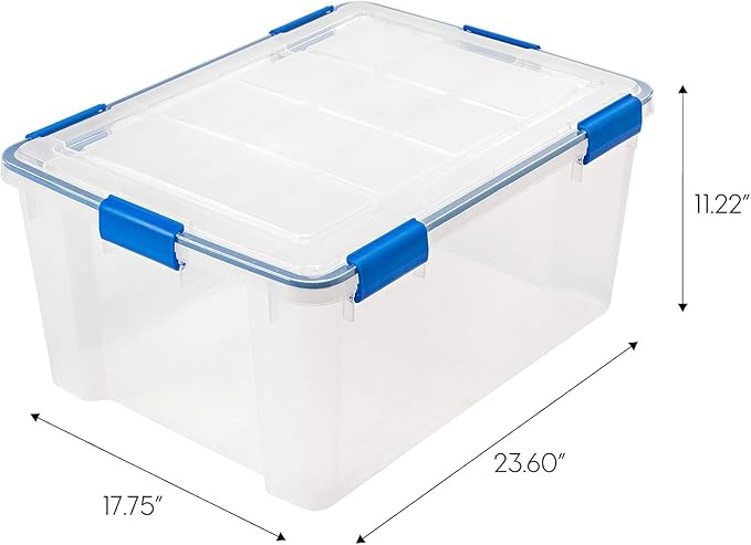 IRIS USA 3-Pack 60 Qt Storage Bins with Gasket Lids, Clear/Blue | WeatherPro seal helps protect bulky items for moving, garage, attic and basement storage