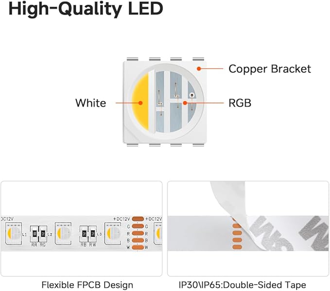 BTF-LIGHTING RGBW LED Strip Lights,UL Listed,5050 4 Colors in 1 RGB + 2700K-3000K Warm White,12V DC,16.4ft/5m 60LEDs/m 12mm White PCB, IP65 Waterproof for Home Decoration(No Adapter or Controller)