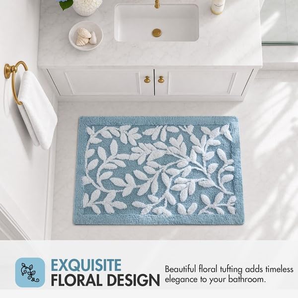 Madison Park Serene Tufted Bath Rug Cotton Absorbent, 21 x 34, Blue | Quick Dry, Soft Pile, Machine Washable, Floral Pattern, Plush, OEKO-TEX Certified