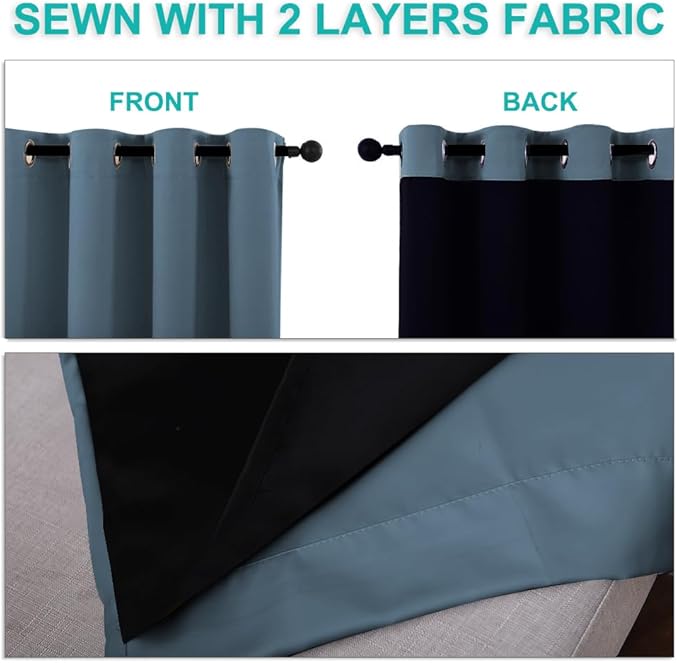 NICETOWN Blackout Curtains 84 inches Long, 2 Pieces, 42" Wide Each Panel, Smoky Blue, Full Light Blocking Drapes with Black Liner for Nursery, Thermal Insulated Draperies for Hall, Villa