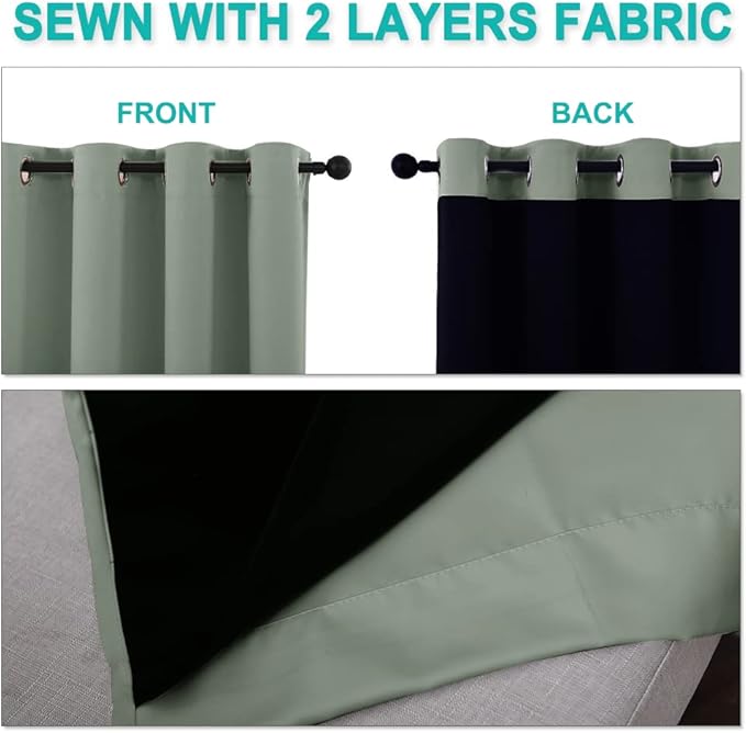 NICETOWN Full Shading Curtains 96 inches Long 2 Panels Set for Windows, Super Heavy-Duty Black Lined Blackout Curtains for Bedroom, Privacy Assured Window Treatment (Greyish Green, 55 inches W)