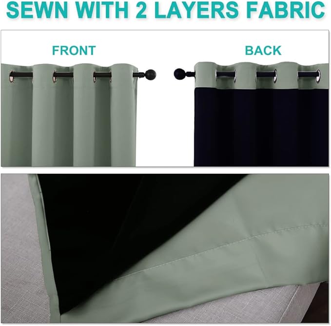 NICETOWN 100% Blackout Window Curtain Panels, Heat and Full Light Blocking Drapes with Black Liner for Nursery, 50" Drop Thermal Insulated Draperies (Greyish Green, 2 Pieces, 37" Wide Each Panel)