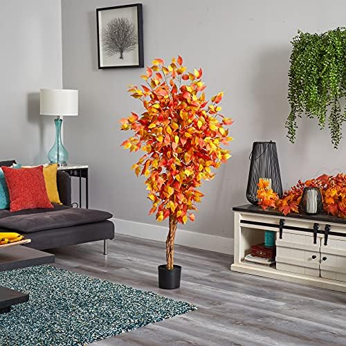 Nearly Natural 5ft Autumn Ficus Artificial Fall Tree in Black Nursery Pot - Image 4