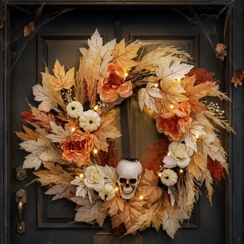 Takywep Pre-Lit 22 Inch Halloween Wreath for Front Door with 20 LED Lights, Skull Wreath with White Pumpkins Maple Leaves, Halloween Fall Thanksgiving Decor for Indoor Outdoor by HOME