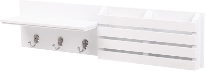 Kiera Grace Sydney Floating Shelf, Modern Wall Mounted Shelf with 3 Metal Hooks and Mail Holder for Home, Office, 24", White, 1Pack