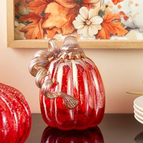 Glitzhome Hand Blown Glass Pumpkin Decor 6" Red - Artisan Fall Harvest Thanksgiving Table Centerpiece Halloween Home Decor - Image 5