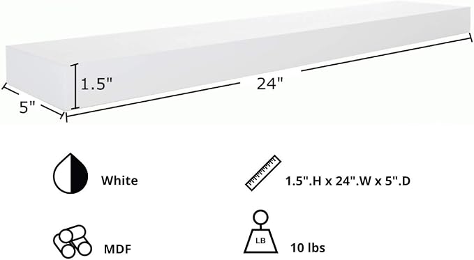 Kiera Grace Stockholm Maine Floating Shelves for Wall, MDF Display Shelves, Easy to Assemble, Ideal for Home Decor, 24" W x 5" D x 1.5" H, White, Pack of 3