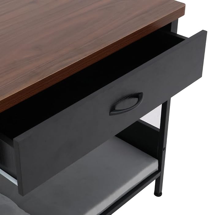 Dog Bed End Table with Storage Drawer and Washable Cushion, Black & Walnut | Open Elevated Dog Bed Furniture for Small Medium Dogs Up to 50 lbs, Metal Frame, Drawer, for Living Room, Bedroom Bedside