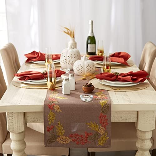 DII Fall Table Décor Embroidered Tabletop for Thanksgiving Dining, Table Runner, 14x70, Shimmering Leaves - Image 4