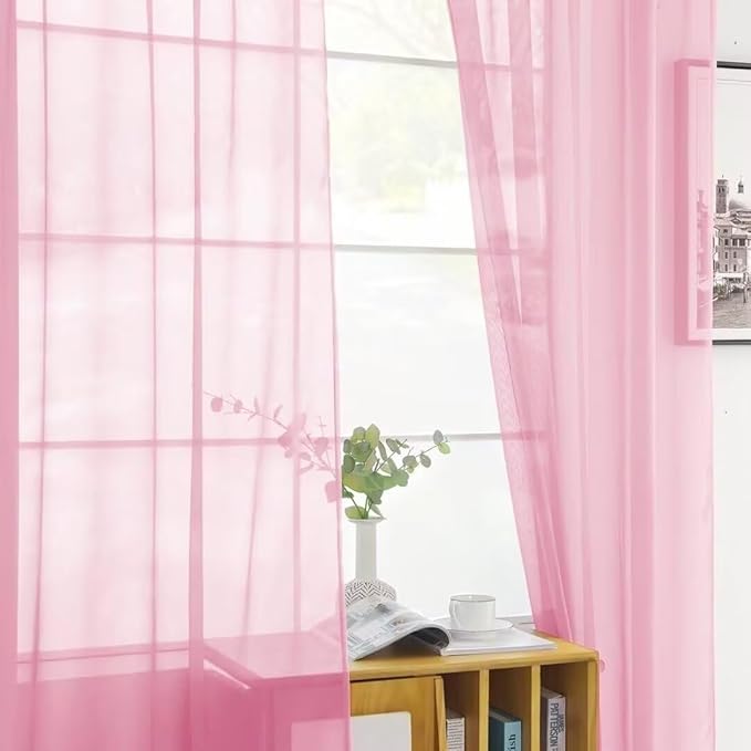 youleyar Solid Sheer Rod Pocket Curtain Voile Draperies 2 Panels White Beige Black Grey Coffee 52 Inch Width 108 Inch Long 1 Pair for Kitchen Bedroom Children Living Room Yard (Pink, 52Wx108L)