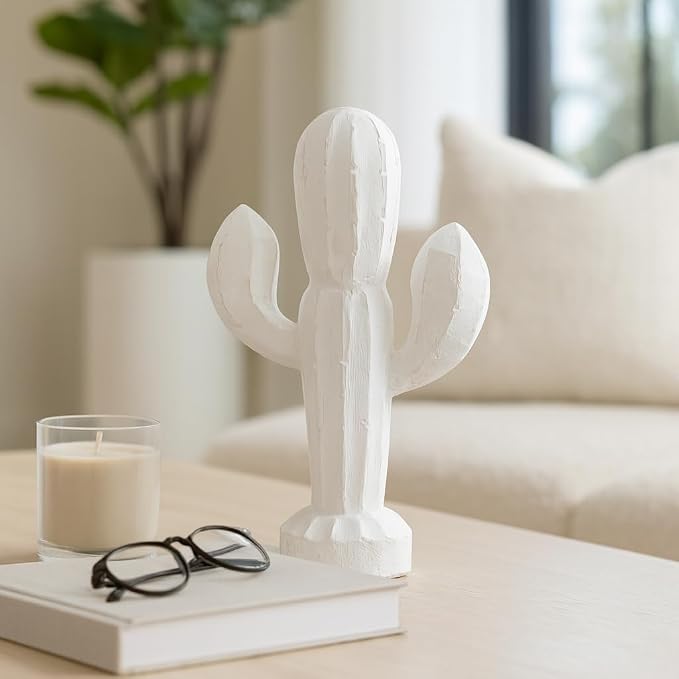 Wooden Cactus Statue – Room Decor Accent for Shelves and Tables, Indoor Home Decor for Living Room or Entryway, Modern Statue Silhouette for Sculptural Interest – 14", White
