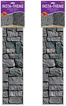 Beistle Brick Stone Wall Backdrops, 4’ x 30’, 2 Pack – Medieval Party Decorations, Medieval Decor Background, Photo Backdrop, Easy to Adhere Wall Covering, Stone Backdrop, Halloween Party Decorations