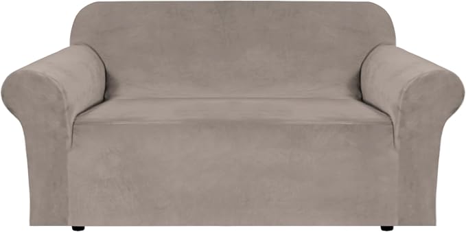 H.VERSAILTEX Stretch Velvet Loveseat Covers for 2 Cushion Couch Covers for Living Room Sofa Covers Slipcovers with Non Slip Straps Bottom, Ultra Thick Comfy Velour (Width 58"-72", Taupe)