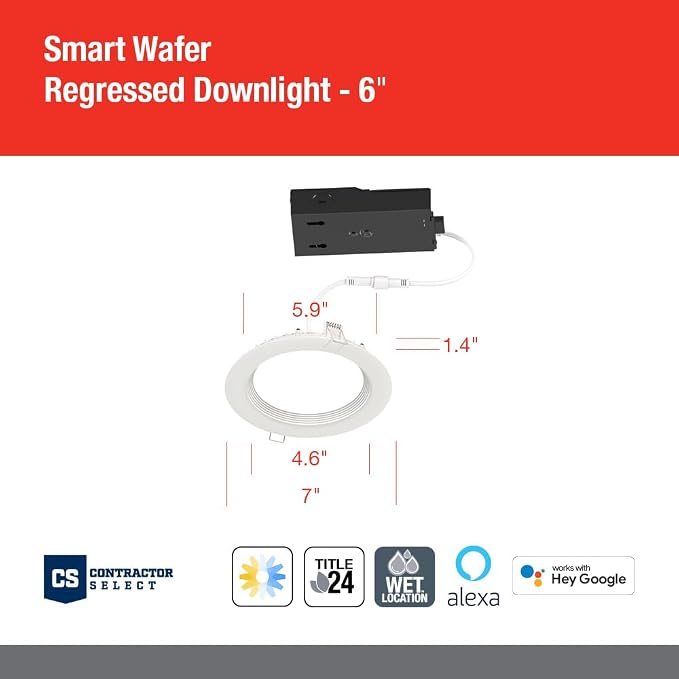 Juno WF6C REG TUWH MW M6 Smart LED Wafer Downlight, 2700K-5000K Tunable White, Dimmable, Zigbee or Bluetooth Connection, Use with Alexa, Google Home, SmartThings, Regressed, 6 Inch, Matte White