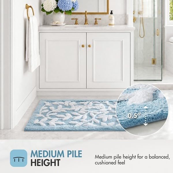 Madison Park Serene Tufted Bath Rug Cotton Absorbent, 21 x 34, Blue | Quick Dry, Soft Pile, Machine Washable, Floral Pattern, Plush, OEKO-TEX Certified