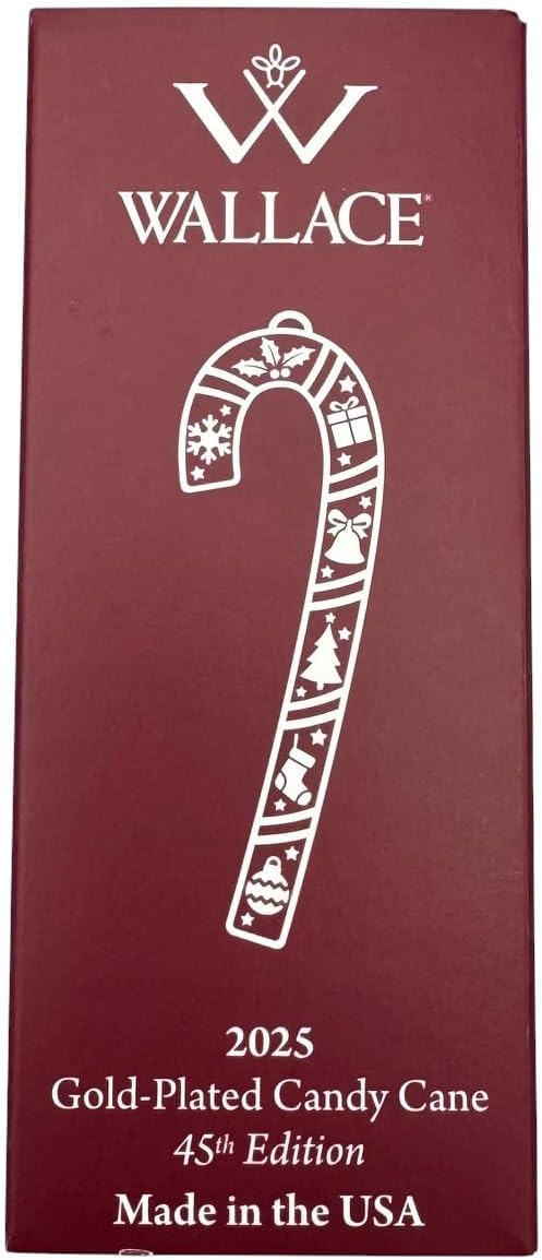 Wallace 2025 Gold-Plated Enamel Candy Cane Ornament - 45th Anniversary Edition - 24k Gold with Blue Enamel and Snowflake Design - 4.5 Inches - Holiday Collectible