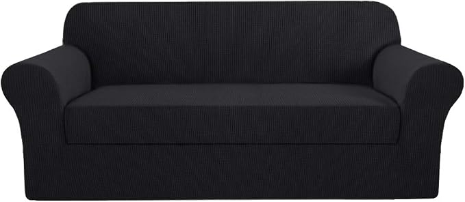H.VERSAILTEX High Stretch 2 Pieces Sofa Cover/Slipcover Couch Covers for Sofa Jacquard Soft Spandex Furniture Protector Suit for T Cushion/Box Cushion, Sofa 72"-88", Black