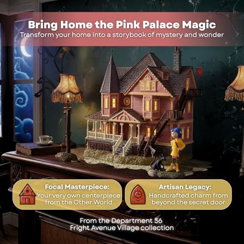Department 56 Coraline Pink Palace Apartments Village Set – Lighted Building with Figurines for Halloween Village Display, Coraline Decorations, and Movie Collectible Fans