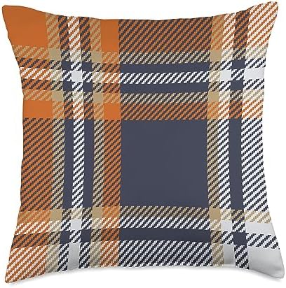 Orange Plaid for Halloween and Thanksgiving Gifts Navy Blue and Orange Plaid Halloween Fall Autumn Pumpkins Throw Pillow, 18x18, Multicolor by Unknown