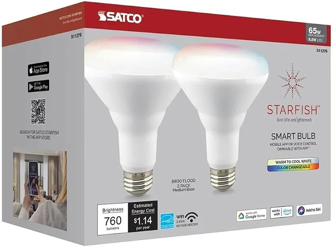 Satco S11276 Starfish BR30 WiFi Smart LED Color-Changing Light Bulb, Works with Siri, Alexa, Google Assistant, SmartThings, 2700K-5000K, 2-Pack