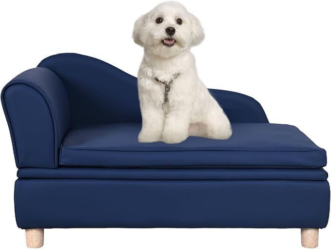 PU Leather Dog Sofa and Chair with Storage - Wooden Frame Cat Sofa Couch with Cushion,Small Pet Bed Sofa for Puppy and Cats (Blue)