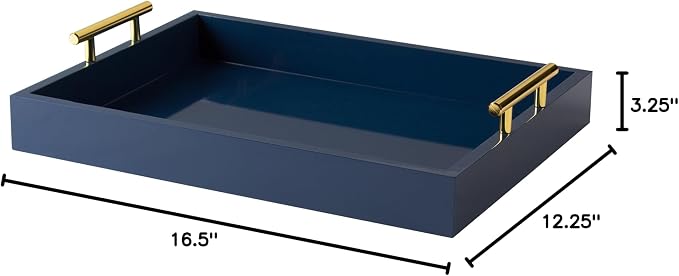 Kate and Laurel Lipton Decorative Tray with Polished Metal Handles, Navy Blue and Gold