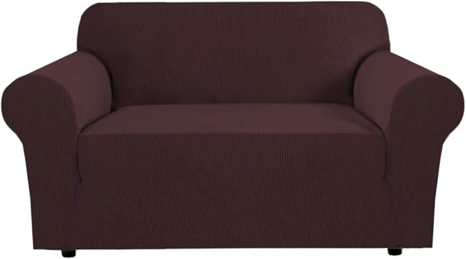 H.VERSAILTEX Stretch Love Seat Couch Covers Couch Slipcovers for 2 Cushion Couch Sofa Cover for Loveseat 1 Piece with Elastic Bottom, Textured Checked Jacquard Fabric(Loveseat 58"-70" Wide, Chocolate)