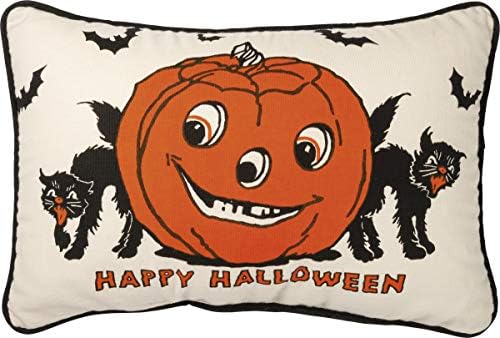 Primitives by Kathy Retro-Inspired Halloween Throw Pillow, 15 x 10-Inch, Vintage-Inspired Cotton Pillow from Our Halloween Collection/Happy Halloween Front Sentiment/Jack-O'Lantern/Black cat Design