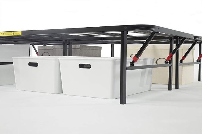 Amazon Basics Bed Frame with Storage, Foldable Metal Platform, Sturdy Steel, No Box Spring Needed, 14-inch High, Tool-Free Setup, Noise Free, Easy Assembly, Queen Size, Black