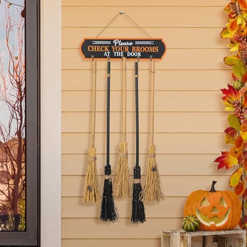 Glitzhome 42”H Halloween Porch Decoration Broom Parking Sign with 5 Wooden Witches Brooms, Please Check Your Brooms at the Door Porch Decor, Cute Hocus Pocus Hanging Decoration for Front Porch Wall - Image 3